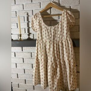 Off-White Dress with Pink Polka Dots, lined, tie up back, above knee flowy